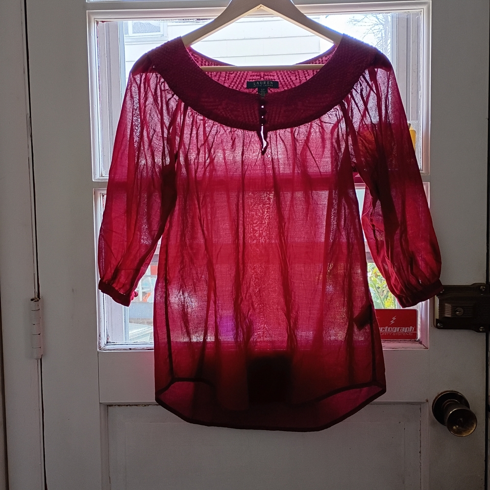 LRL Lauren Peasant Blouse Women's S Burgundy Embroidered Round Neck Puff Sleeves